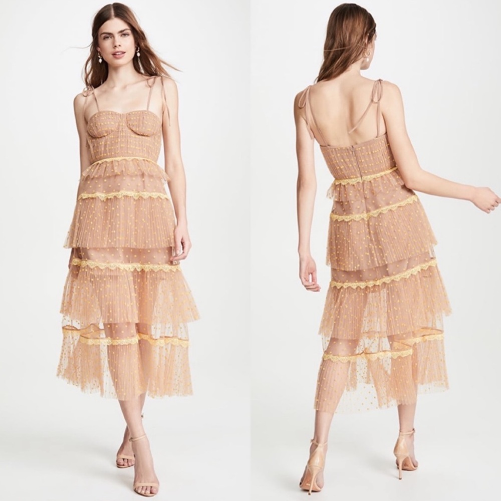 Self-Portrait Polka Dot Tiered Midi Dress Yellow/Nude size US10